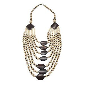 Handcrafted Multi-Strand Wooden Bone Beaded Necklace With Brown Cream Design